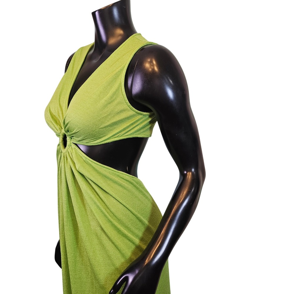 Vintage 70s Lime Green Oring Cutout Maxi Dress Disco Textured Knit Sleeveless View 5